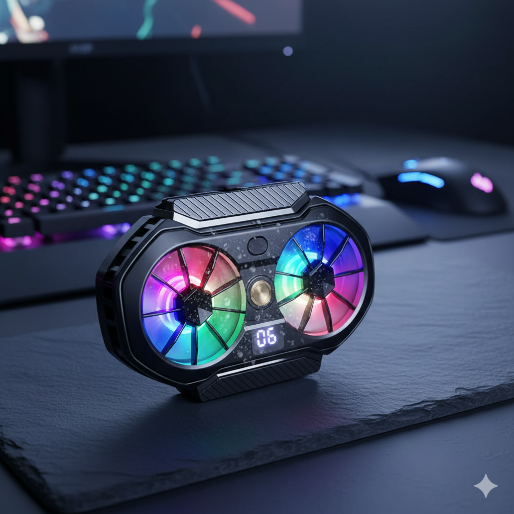 FS06 Semiconductor Cooling Mobile Phone Cooler Radiator Dual Fans Digital Display for gaming and Live Streaming with Universal Wheel