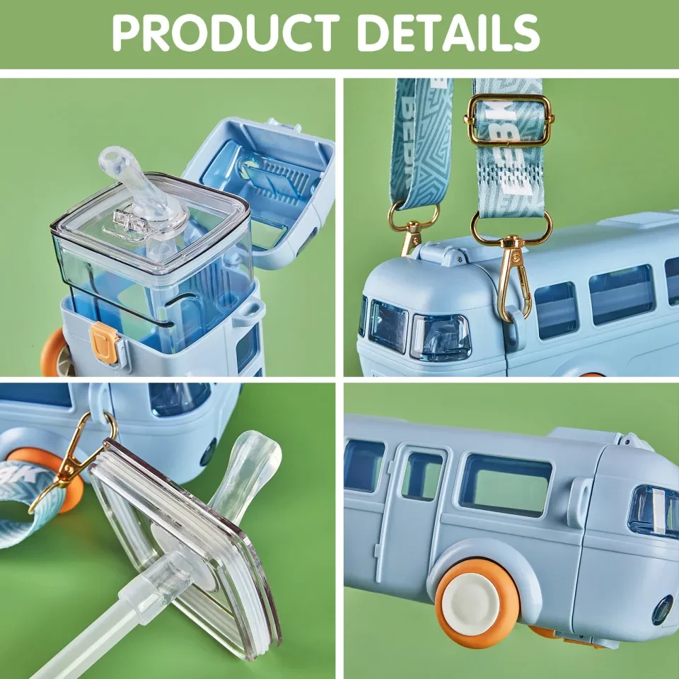 500ml Children Straw Water Cup Bus Water Cup Leakproof Toy Car Water Bottle Drinkware with Shoulder Strap for Travel Camping