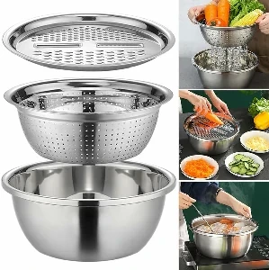 Silver 3 in 1 Stainless Steel Drain Basket Vegetable Cutter, For Kitchen