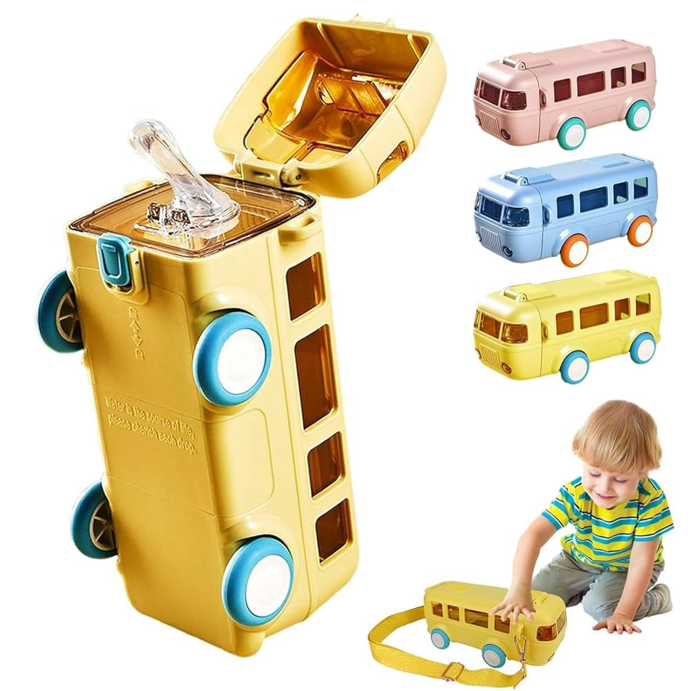 Bus Car Water Bottle with Wheels Leak Proof Lid, Mum Pot for School or Outdoor Fun – 500 ml